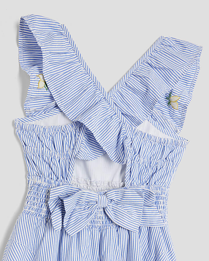 Girls Blue Stripe Embroidered Lemon Dress