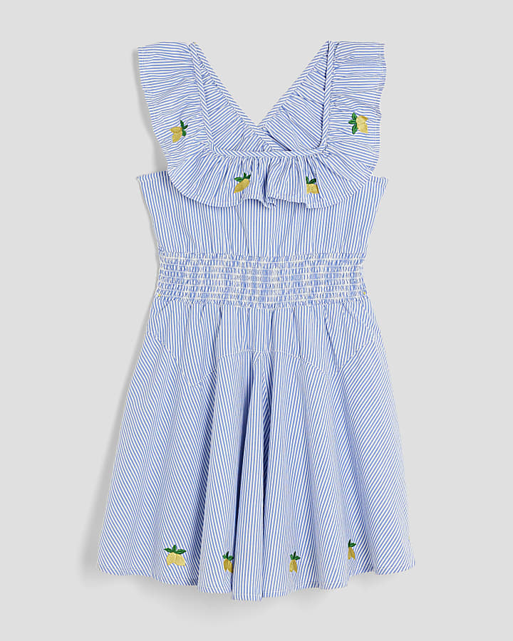 Girls Blue Stripe Embroidered Lemon Dress
