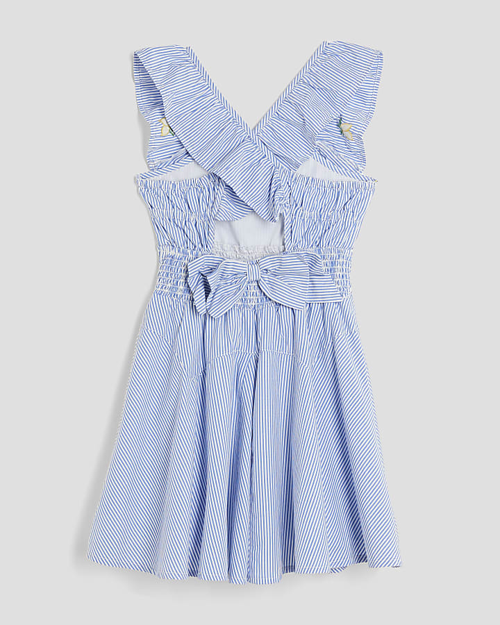 Girls Blue Stripe Embroidered Lemon Dress