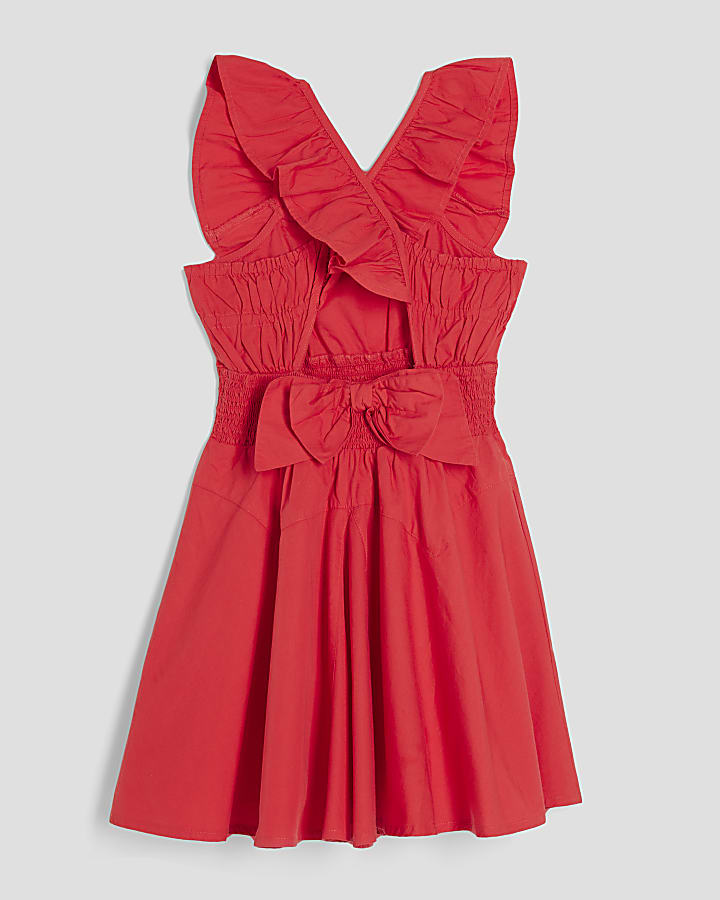 Girls Red Frill Bow Back Dress