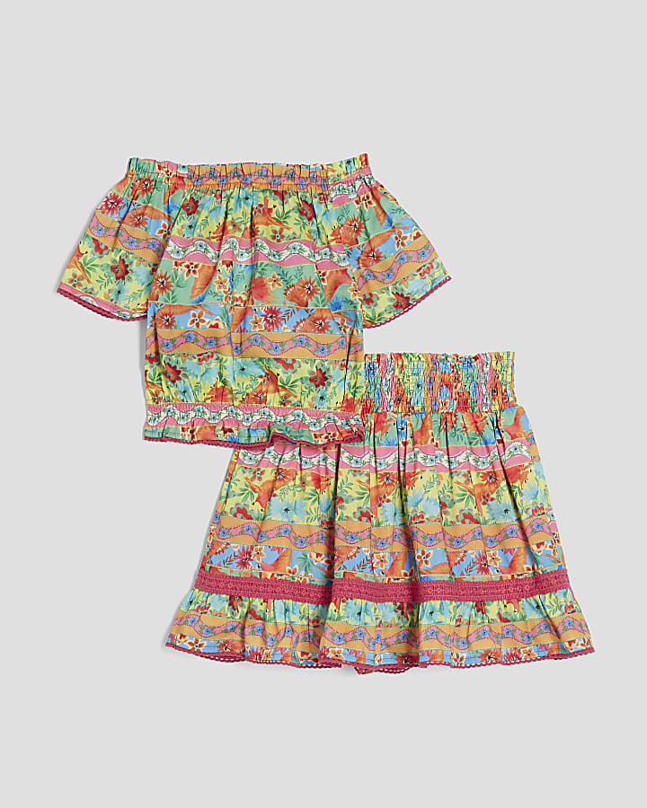Girls Pink Tropical Stripe Skirt Set