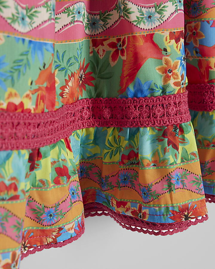 Girls Pink Tropical Stripe Skirt Set