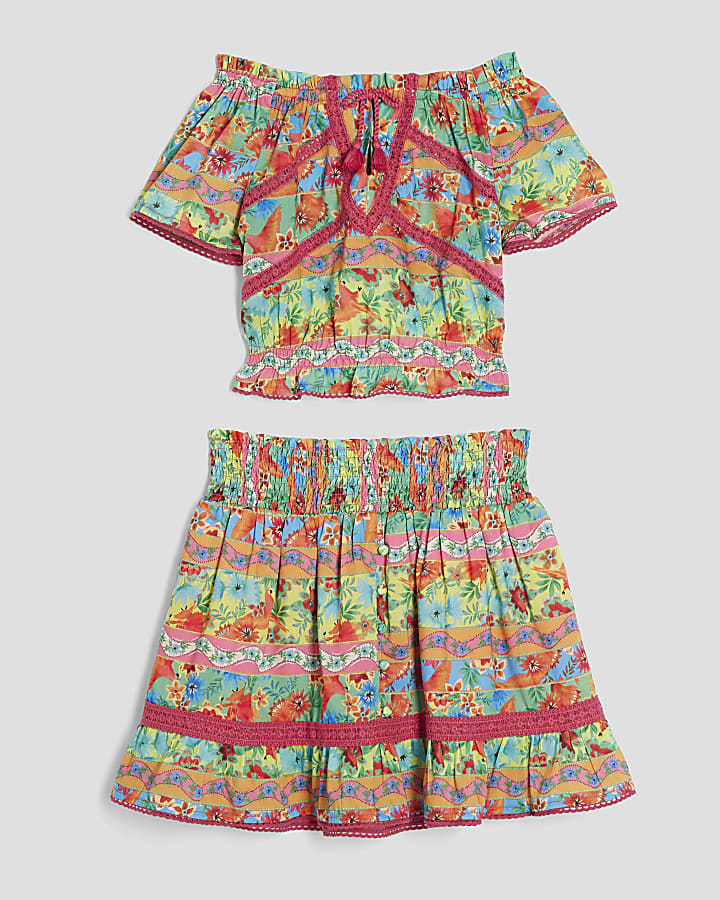 Girls Pink Tropical Stripe Skirt Set