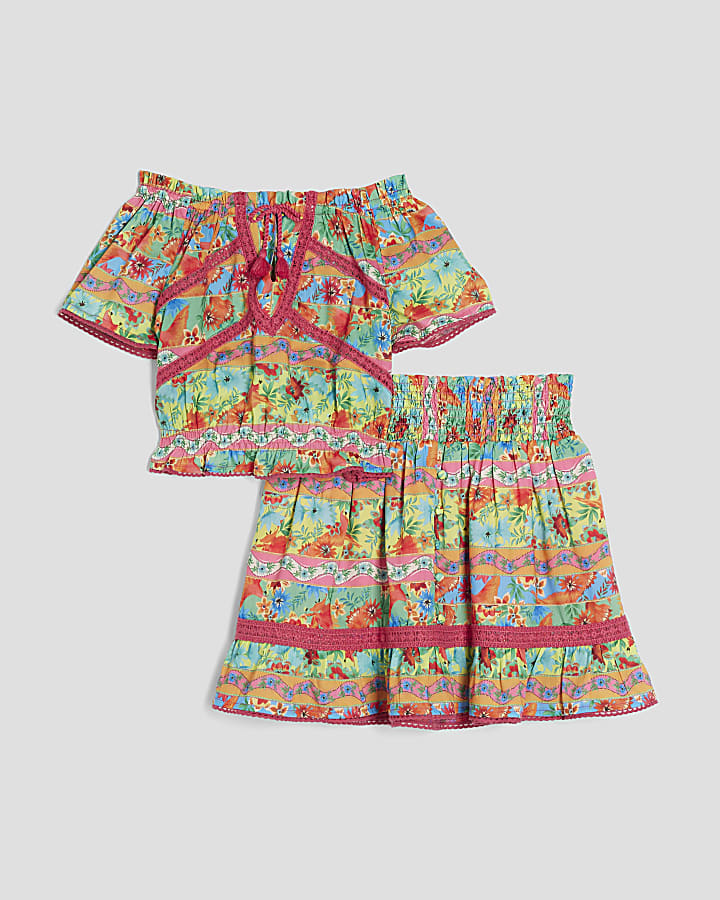 Girls Pink Tropical Stripe Skirt Set