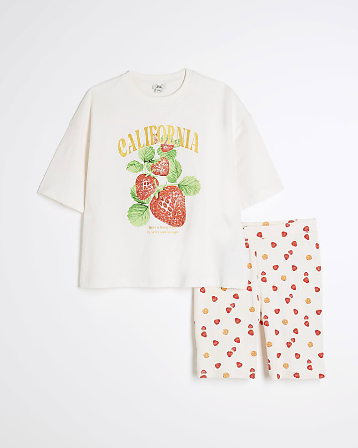 Girls Cream California Strawberry Shorts Set