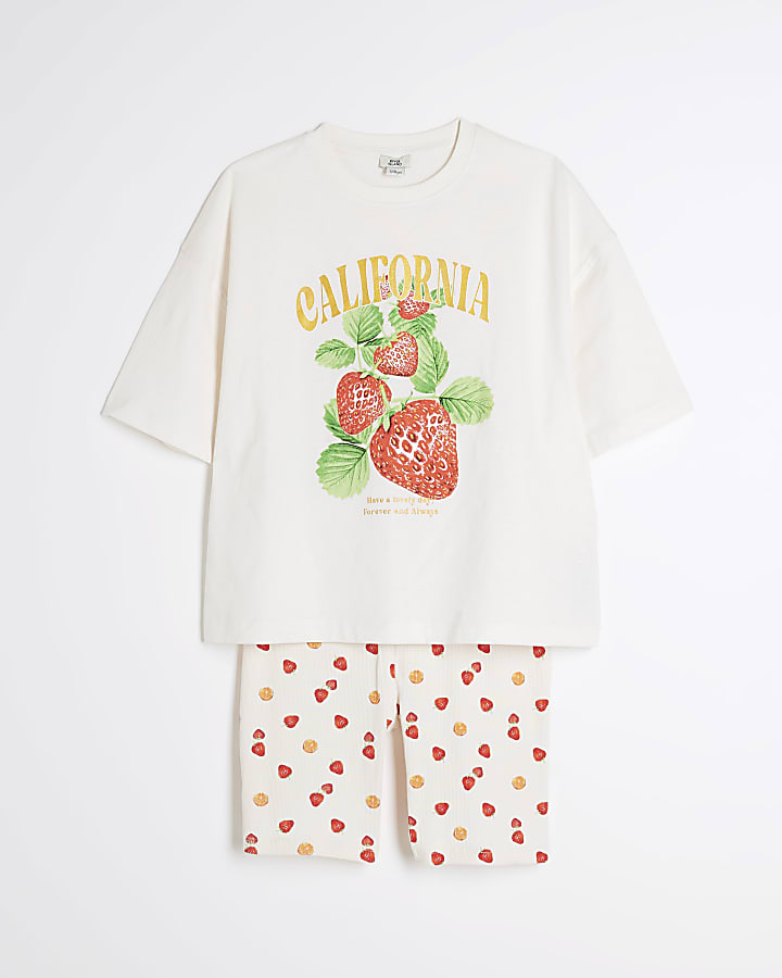 Girls Cream California Strawberry Shorts Set