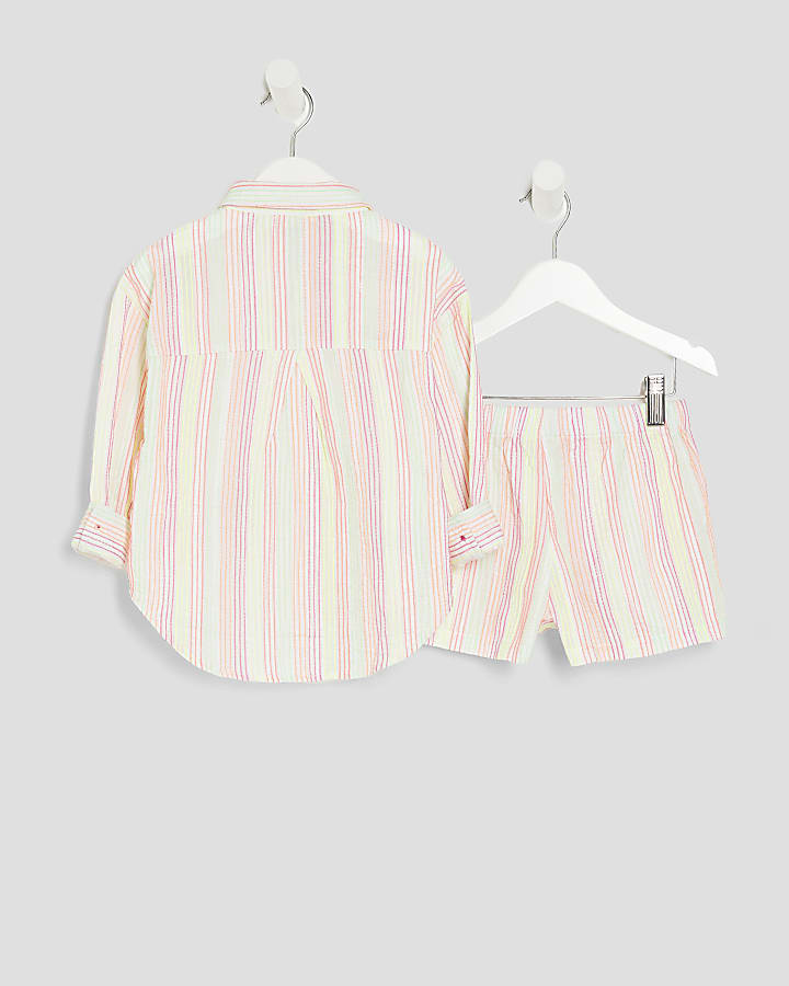 Mini Girls White Stripe Embroidered Shirt Set