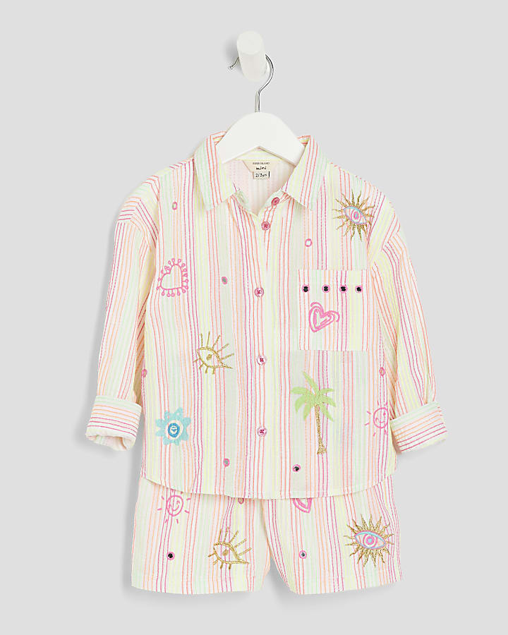 Mini Girls White Stripe Embroidered Shirt Set