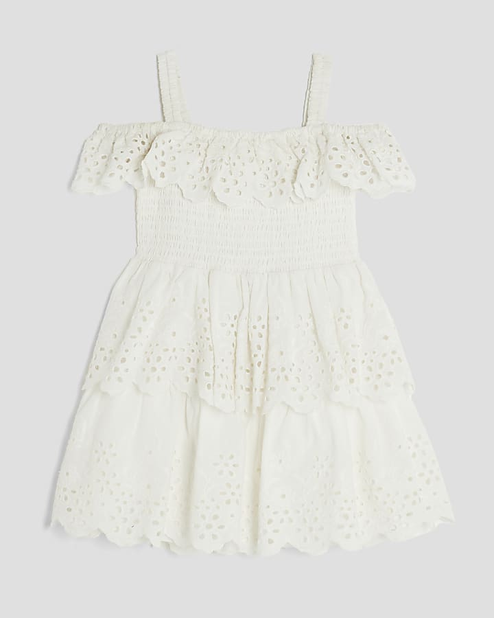 Mini Girls White Tiered Broderie Dress