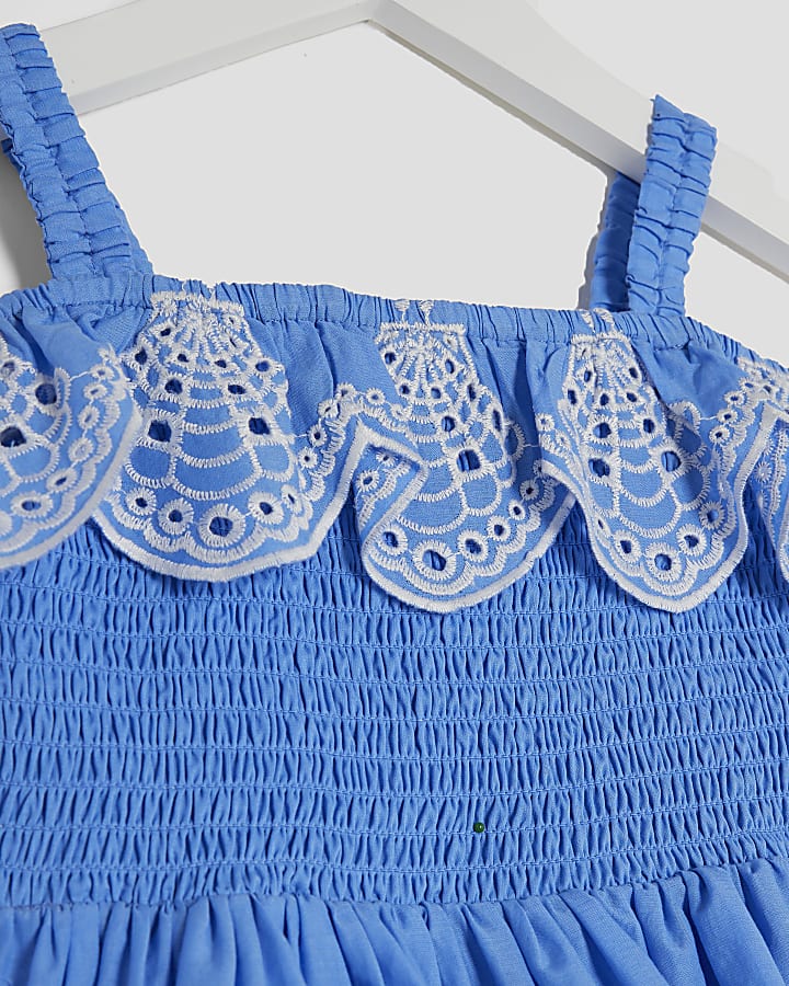 Mini Girls Blue Tiered Broderie Dress