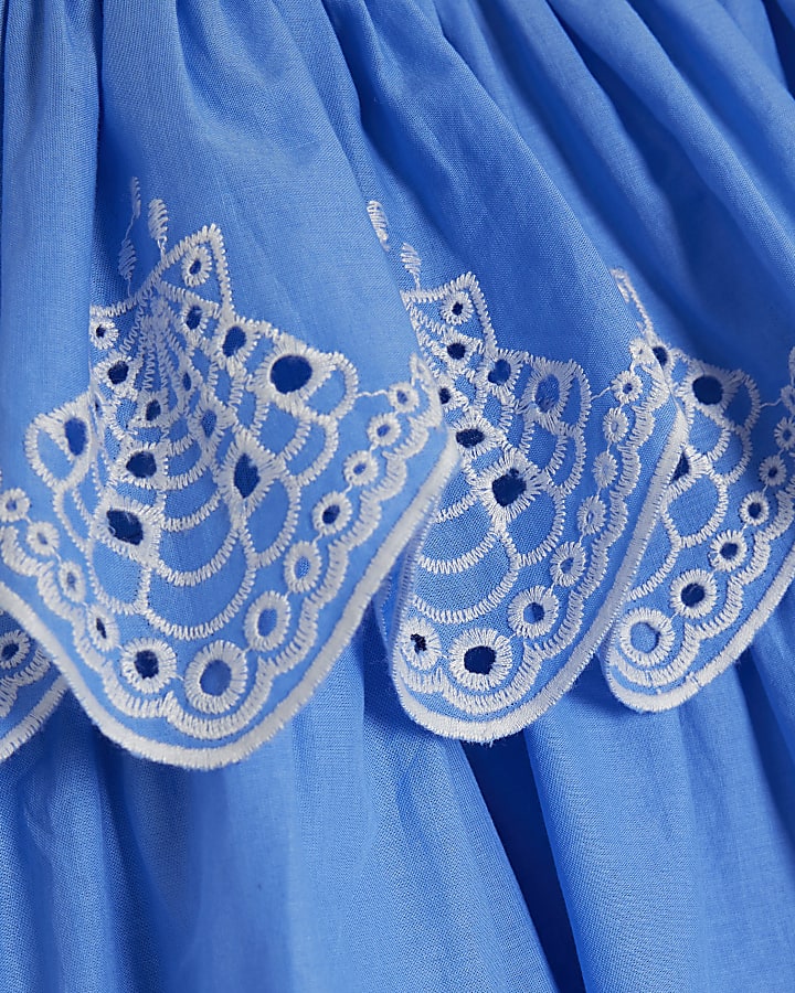 Mini Girls Blue Tiered Broderie Dress