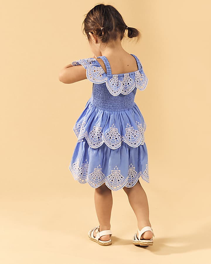 Mini Girls Blue Tiered Broderie Dress