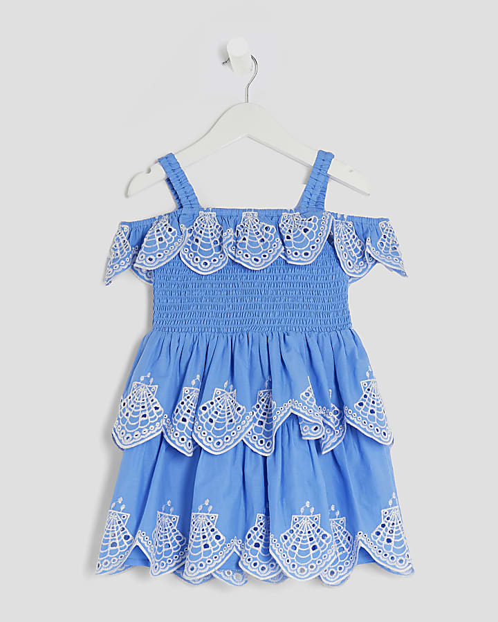 Mini Girls Blue Tiered Broderie Dress