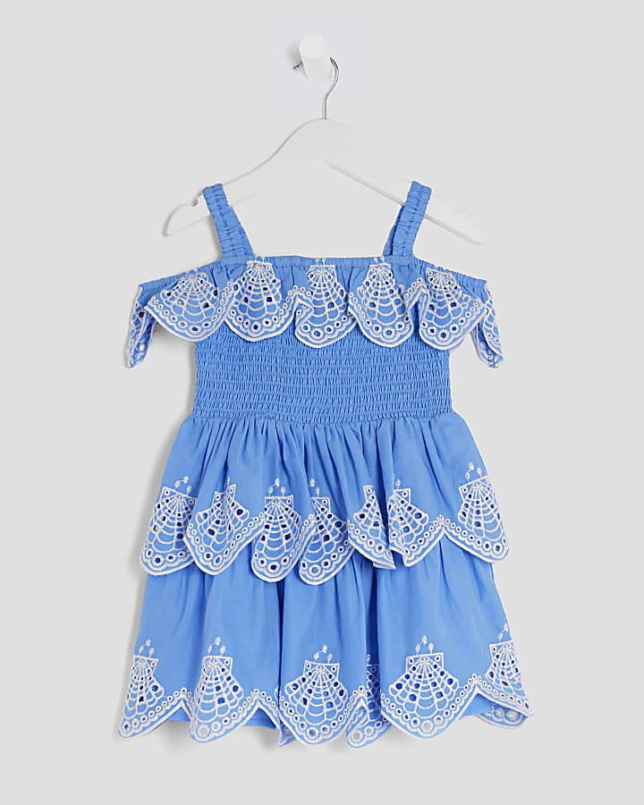 Mini Girls Blue Tiered Broderie Dress