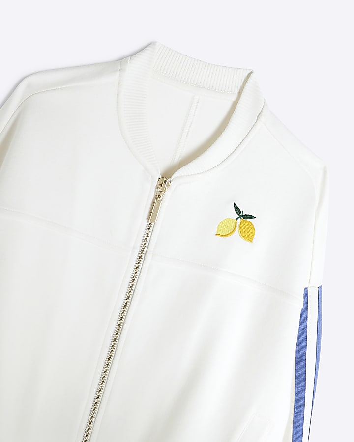 Girls White Bubble Hem Lemon Bomber Jacket