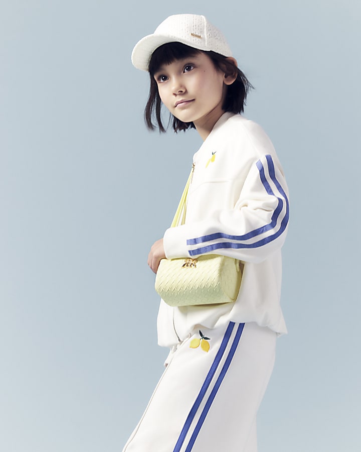 Girls White Bubble Hem Lemon Bomber Jacket