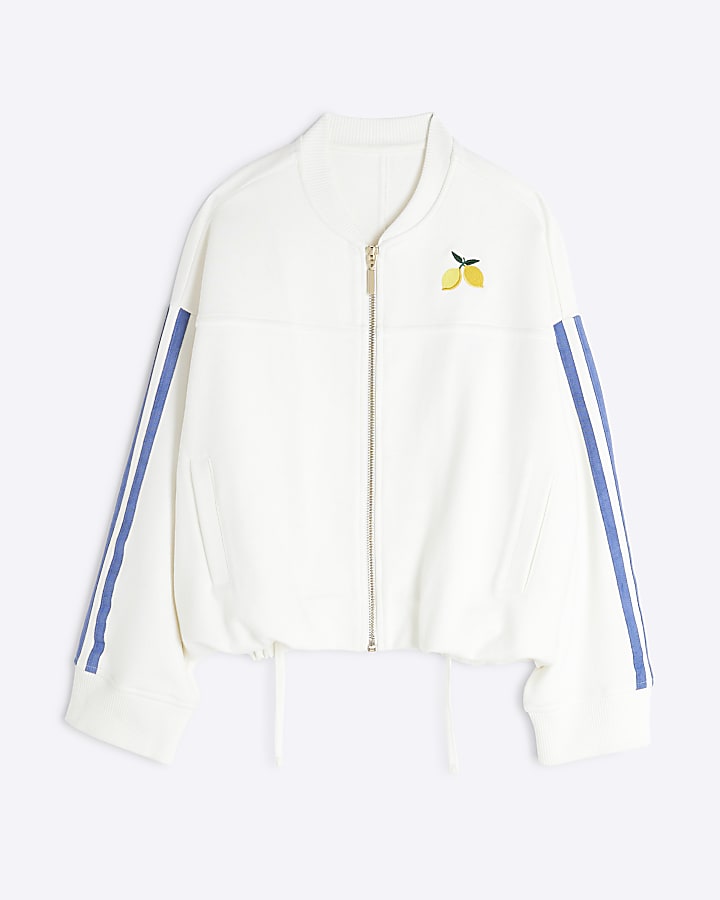 Girls White Bubble Hem Lemon Bomber Jacket