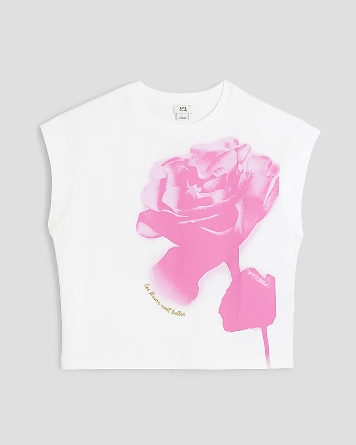 Girls White Pink Rose T-Shirt