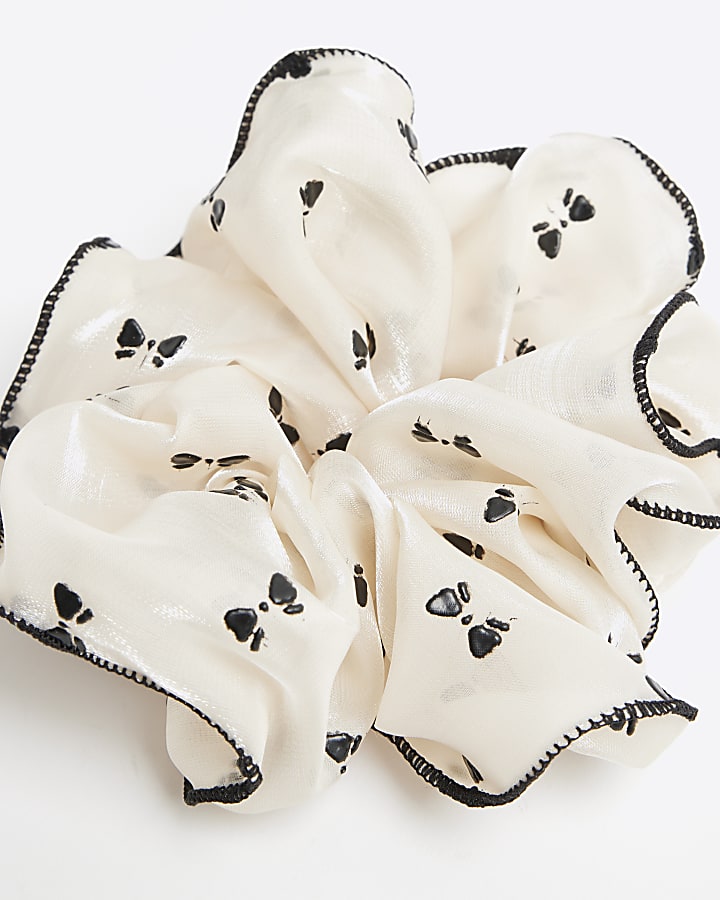 Girls Cream And Black Bow Scrunchie