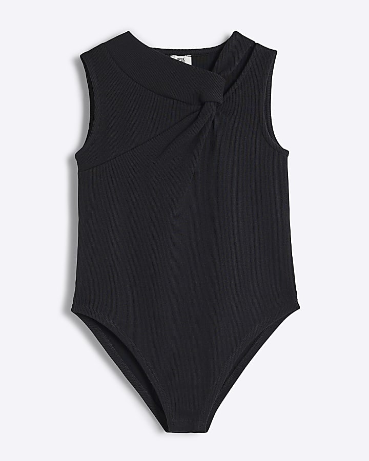 Girls Black Ribbed Knot Bodysuit