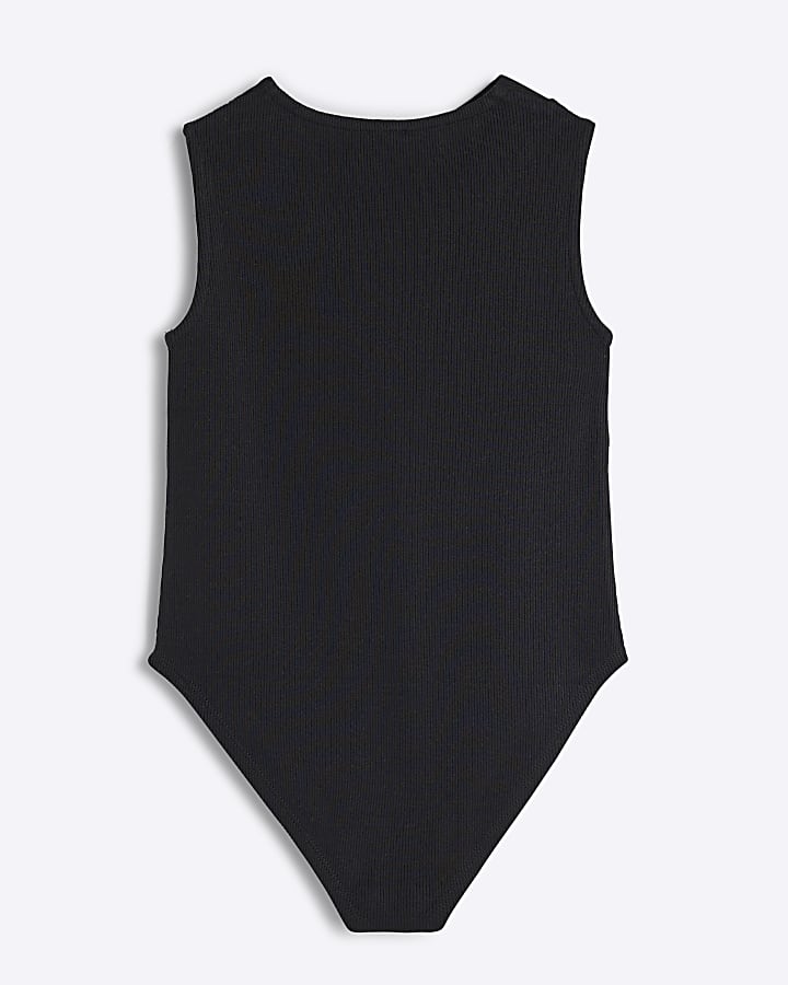 Girls Black Ribbed Knot Bodysuit