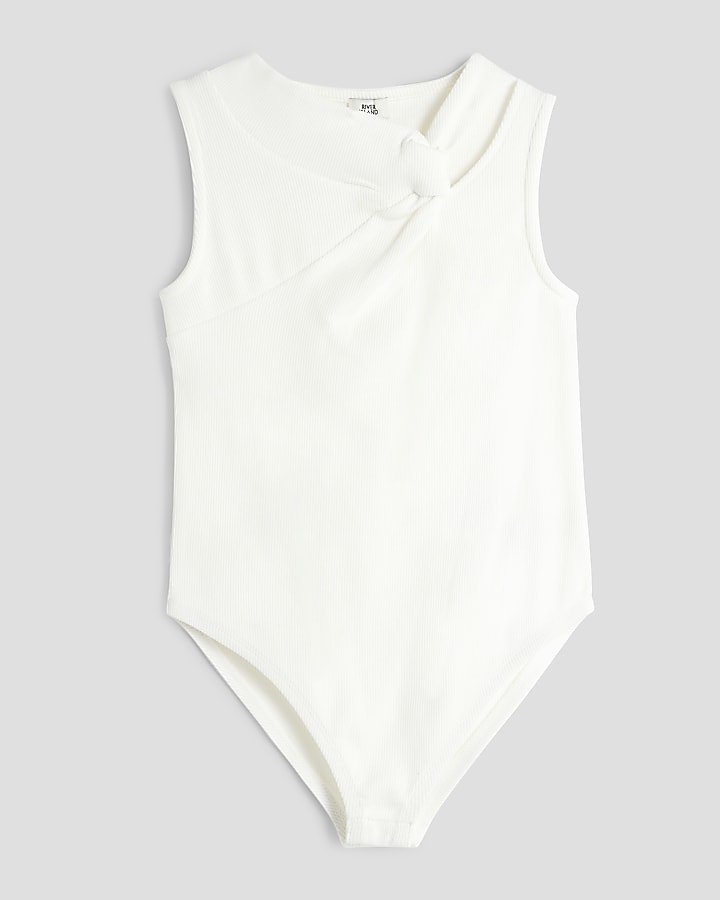 Girls White Ribbed Knot Bodysuit