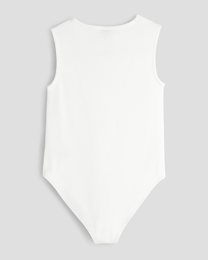 Girls White Ribbed Knot Bodysuit