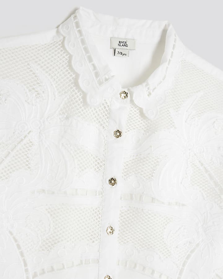 Girls White Palm Tree Cutwork Shirt Set