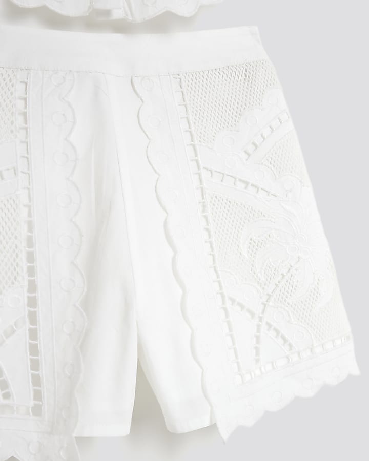 Girls White Palm Tree Cutwork Shirt Set