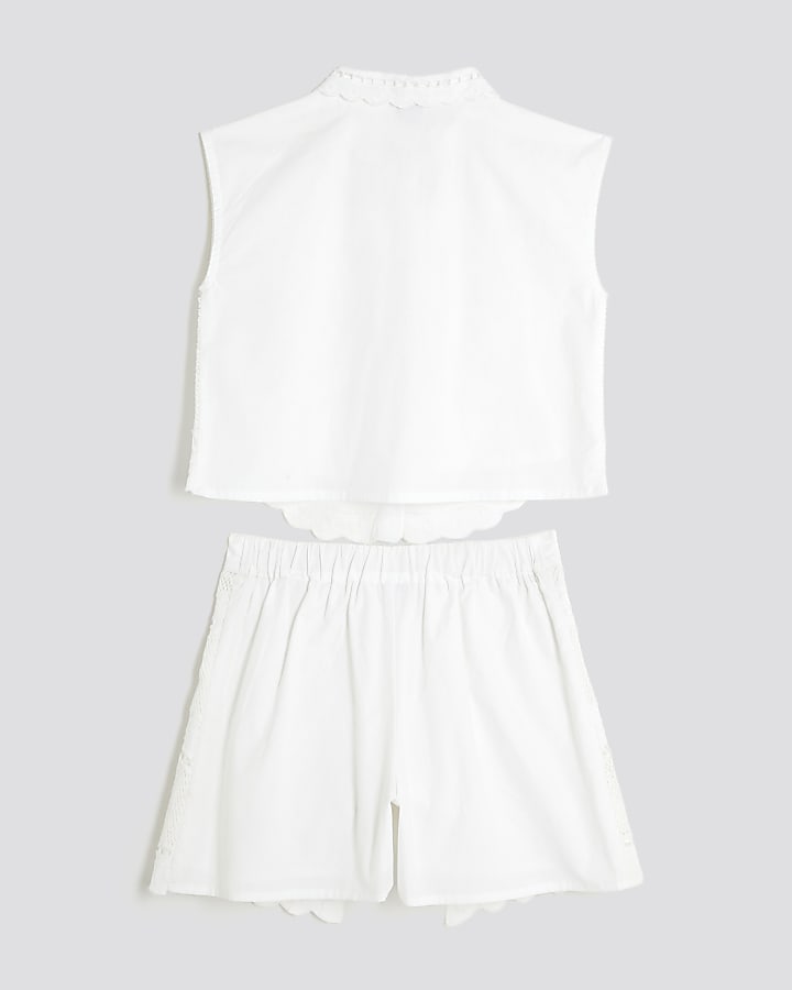 Girls White Palm Tree Cutwork Shirt Set