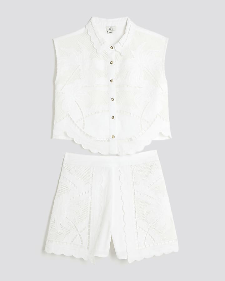 Girls White Palm Tree Cutwork Shirt Set