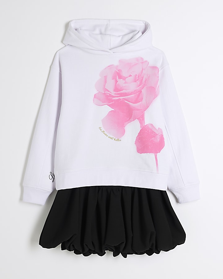 Girls White Rose Hoodie And Skirt Set