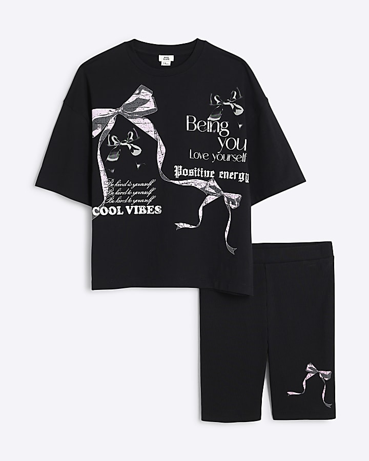 Girls Black Bow T-Shirt And Shorts Set