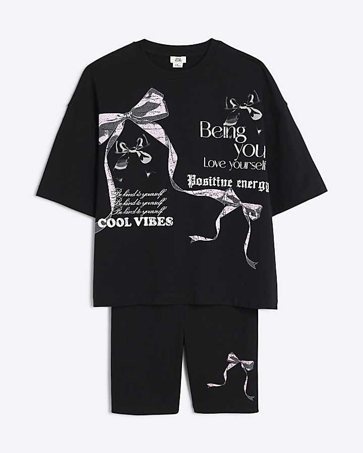 Girls Black Bow T-Shirt And Shorts Set