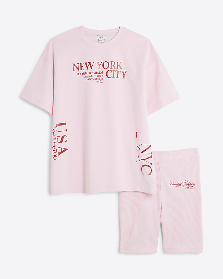 Girls Pink New York Top And Shorts Set