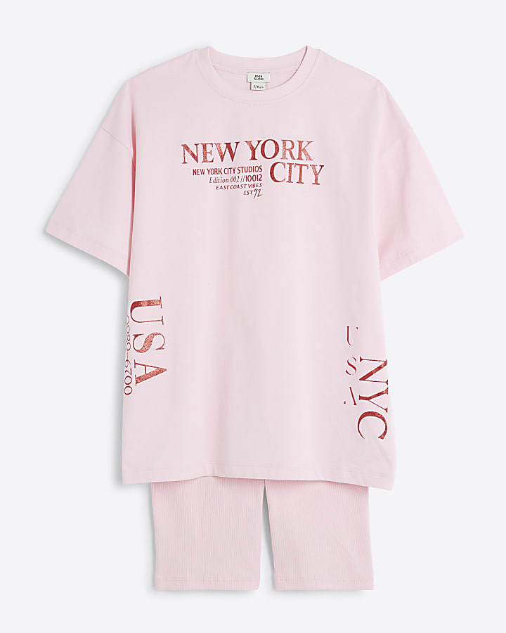 Girls Pink New York Top And Shorts Set