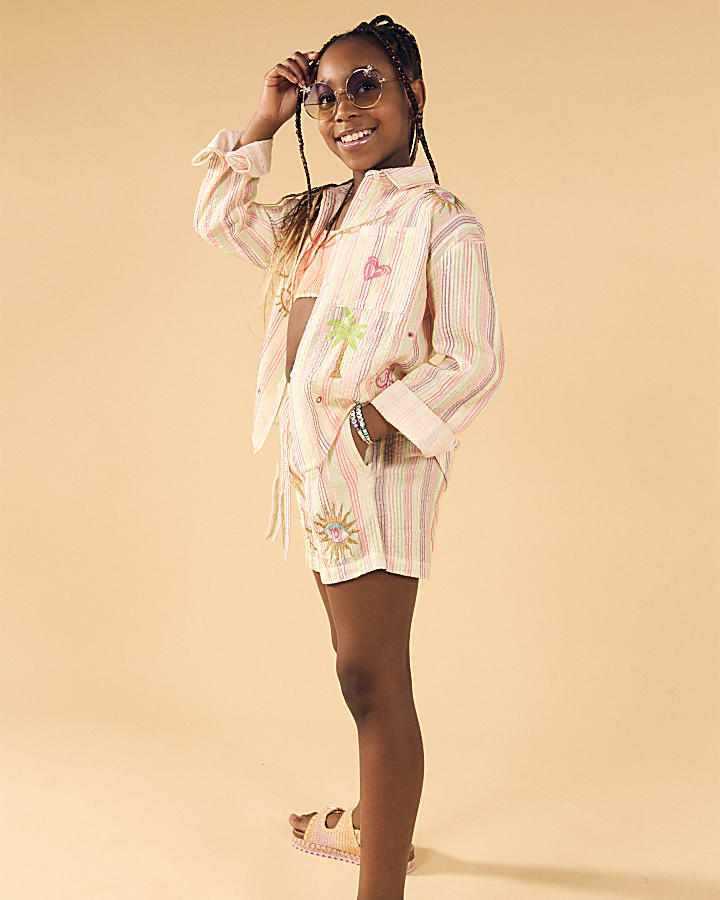 Girls Pink Embroidered Shirt And Shorts Set