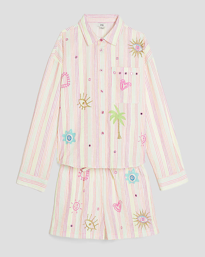 Girls Pink Embroidered Shirt And Shorts Set