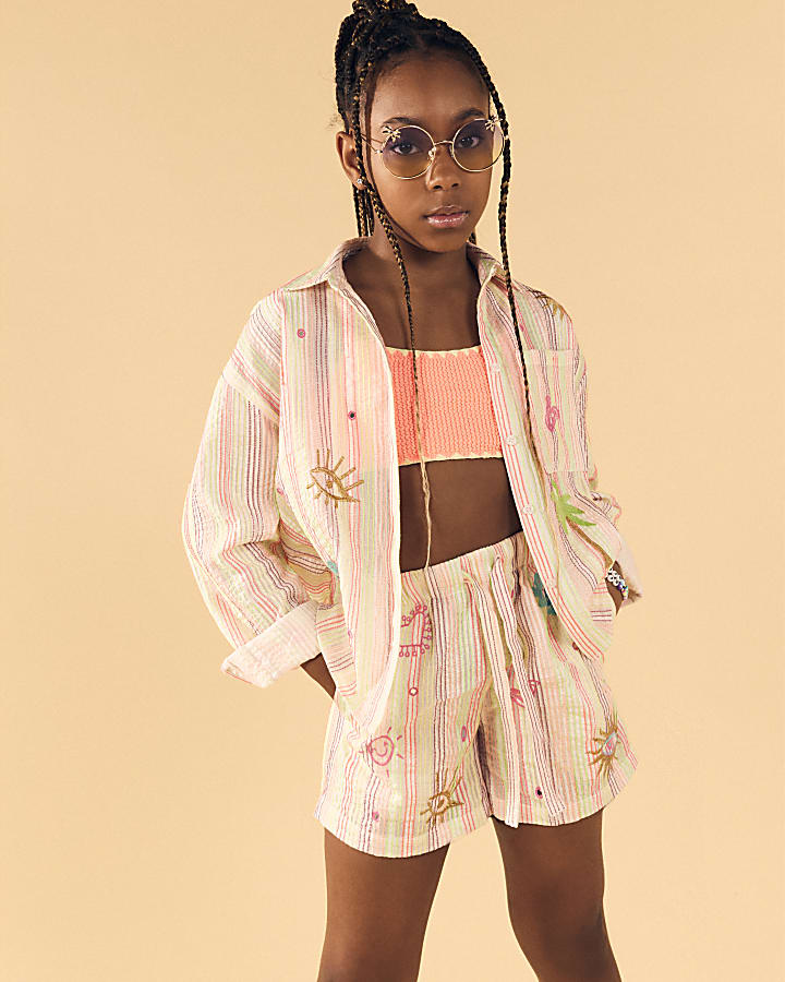 Girls Pink Embroidered Shirt And Shorts Set