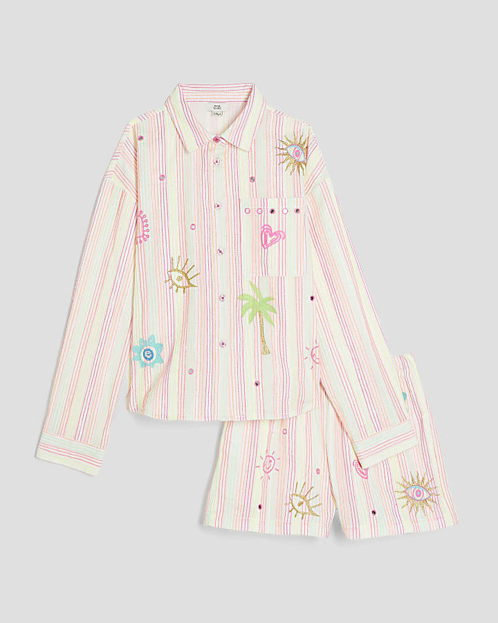 Girls Pink Embroidered Shirt And Shorts Set