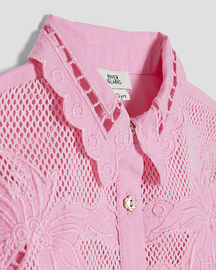 Mini Girls Pink Palm Cutwork Shirt Set