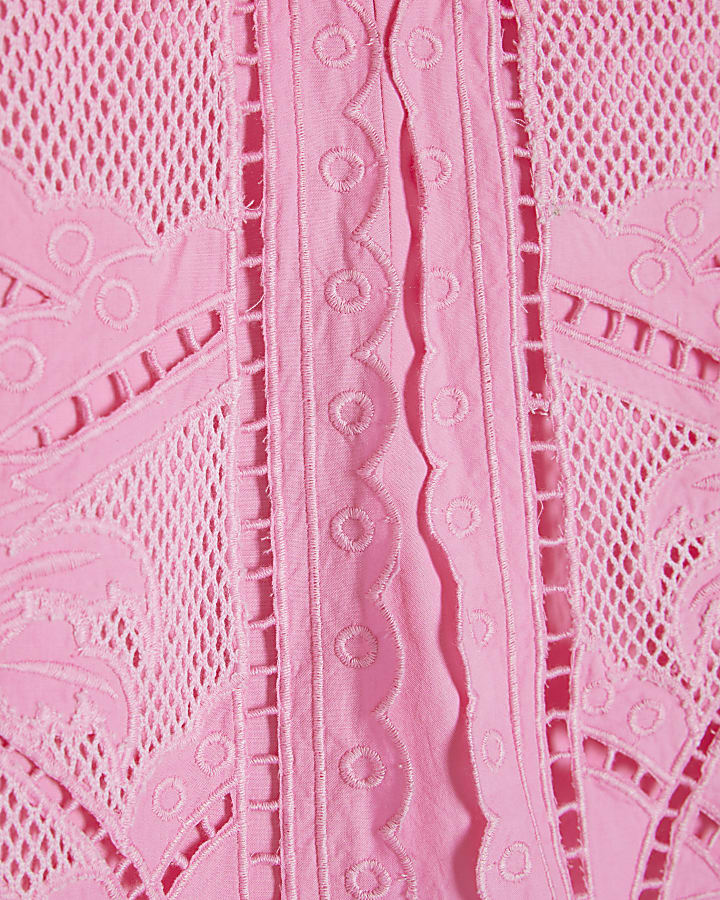 Mini Girls Pink Palm Cutwork Shirt Set