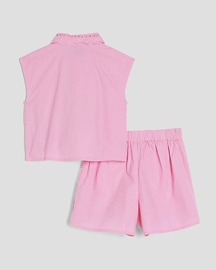 Mini Girls Pink Palm Cutwork Shirt Set