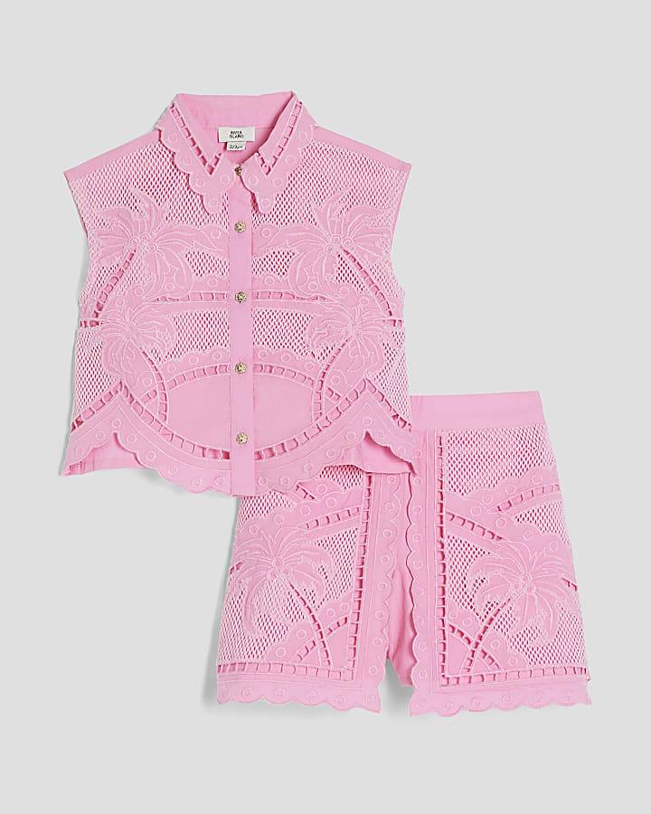 Mini Girls Pink Palm Cutwork Shirt Set