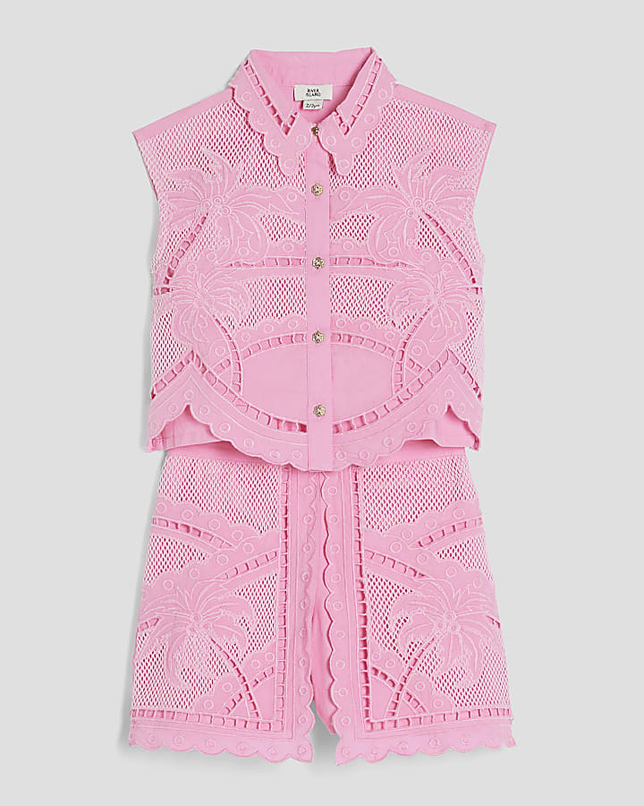 Mini Girls Pink Palm Cutwork Shirt Set