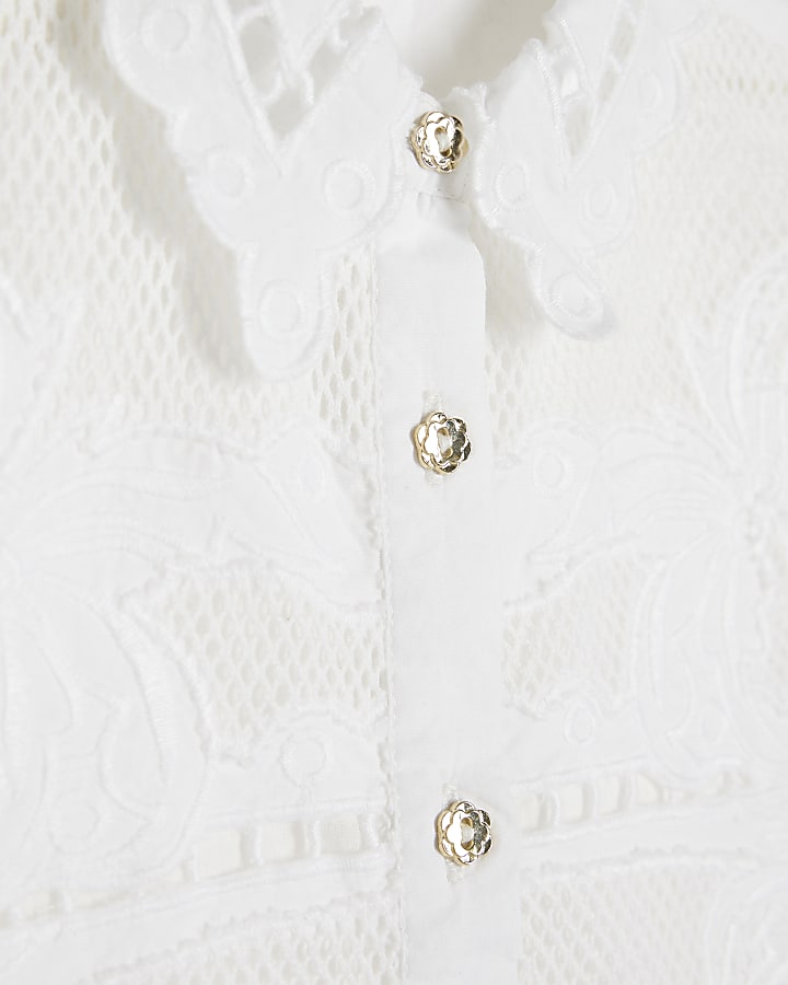 Mini Girls White Palm Cutwork Shirt Set