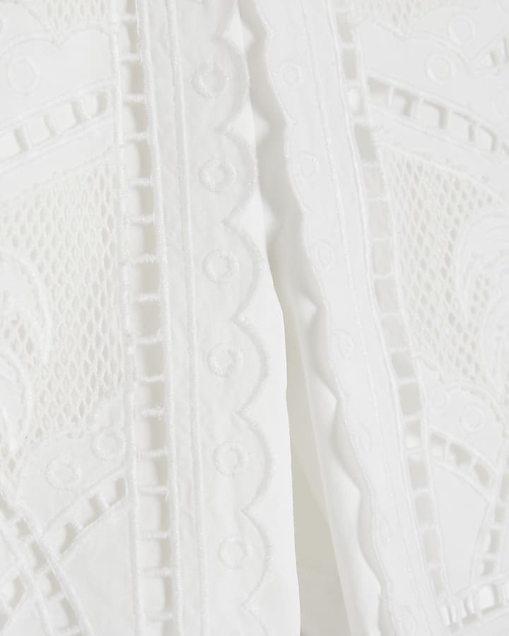 Mini Girls White Palm Cutwork Shirt Set