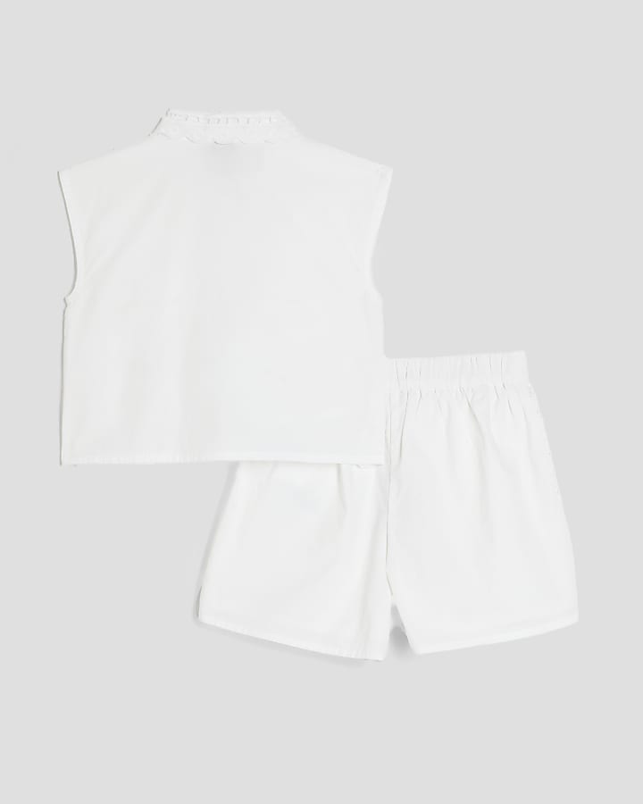 Mini Girls White Palm Cutwork Shirt Set