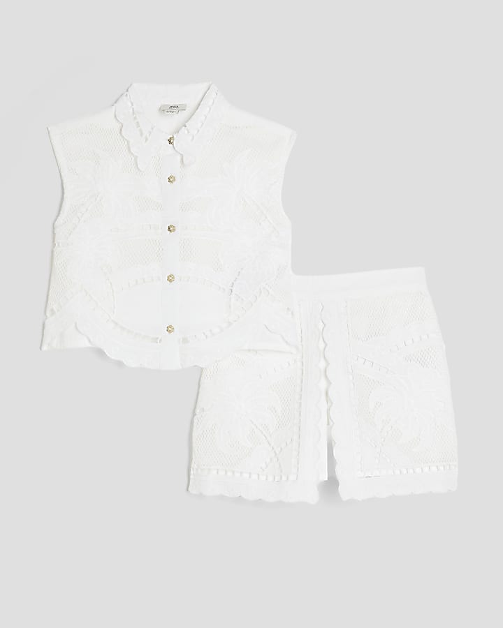 Mini Girls White Palm Cutwork Shirt Set