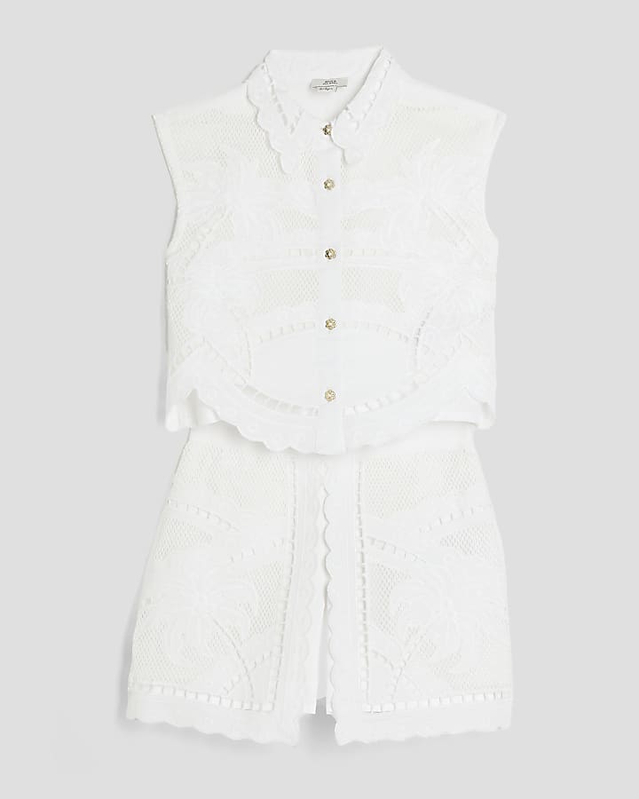 Mini Girls White Palm Cutwork Shirt Set